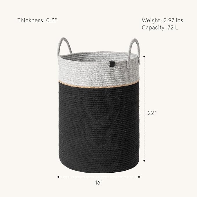 LA JOLIE MUSE Woven Basket Rope Storage Baskets - Large Cotton Organizer, Basket for Baby Blanket, Kids Toy Nursery Laundry Basket Ebony Black XL