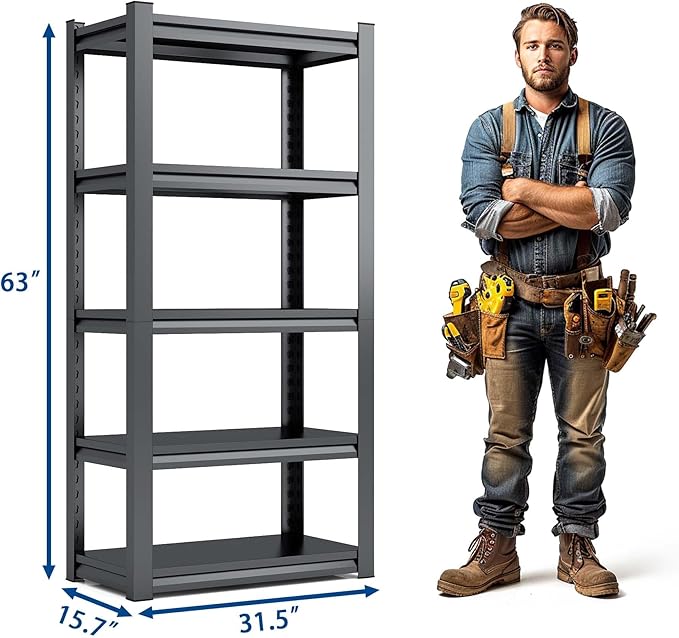 63" H Heavy Duty Garage Shelving, Metal Storage Shelves, Adjustable 5 Tier Metal Shelving Unit, Industrial Utility Rack for Garage, Warehouse, Workshop, 16" D×31.5" W×63" H, Black