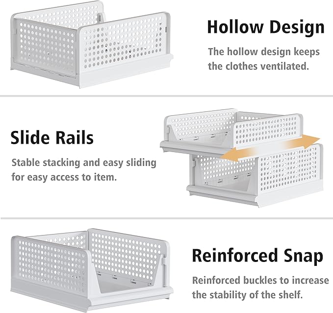 Proarea 5 Pack Stackable Plastic Storage Basket Closet Organizer Bin Foldable Clothes Organizer Storage Drawer Shelf Container for Living room Bathroom Kitchen Office (2L+3S)