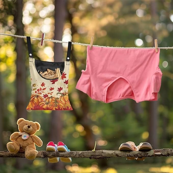 Maple Leaf Clothespin Bag Thanksgiving Pumpkin Hanging Storage Organizer Clothes Pin Bag Waterproof Laundry Clothespin Bag Clothespin Holder for Clothesline Outdoor