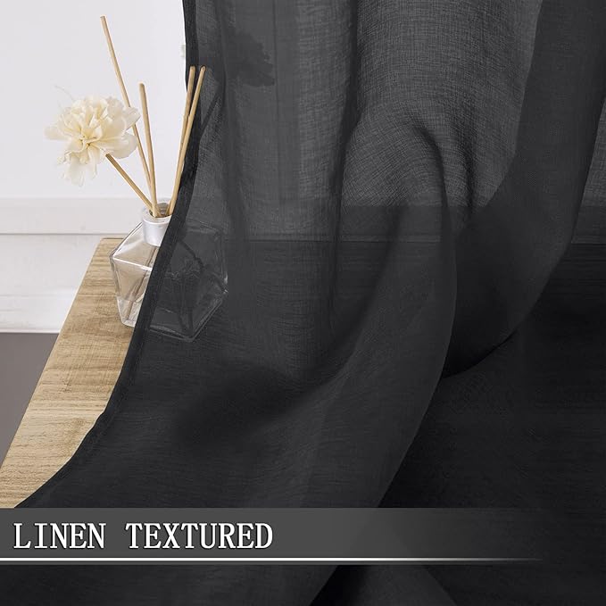 Tollpiz Sheer Curtains Linen Textured Bedroom Curtain Sheers Light Filtering Rod Pocket Voile Curtains for Living Room, 54 x 84 inches Long, Black, Set of 2 Panels