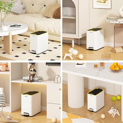 Stainless Steel Bathroom Trash can with lid,2.6 Gallon Trash can with Foot Pedal，Soft Close Small Bathroom Trash Can with Lid for Office, Bedroom, Toilet, Live Room(White)