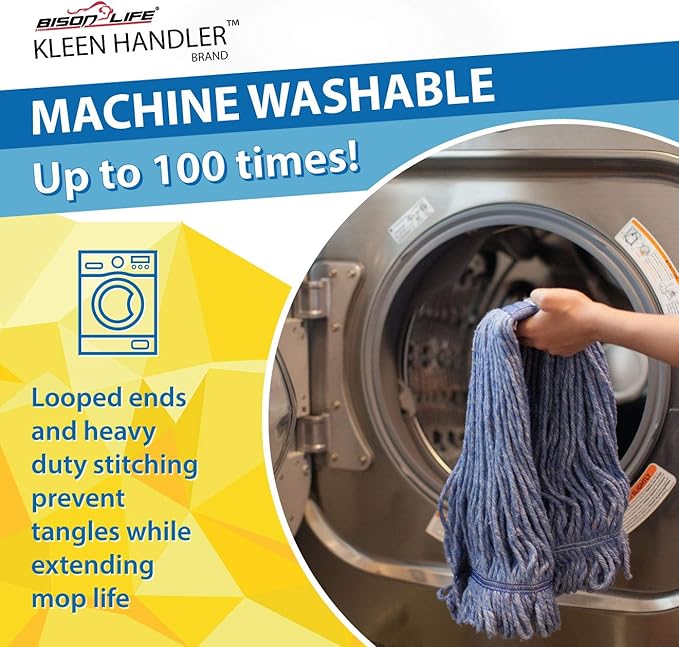 KLEEN HANDLER HEAVY DUTY Commercial Mop Head Replacement, Wet Industrial Blue Cotton Looped End String Cleaning Mop Head Refill (Case of 24)