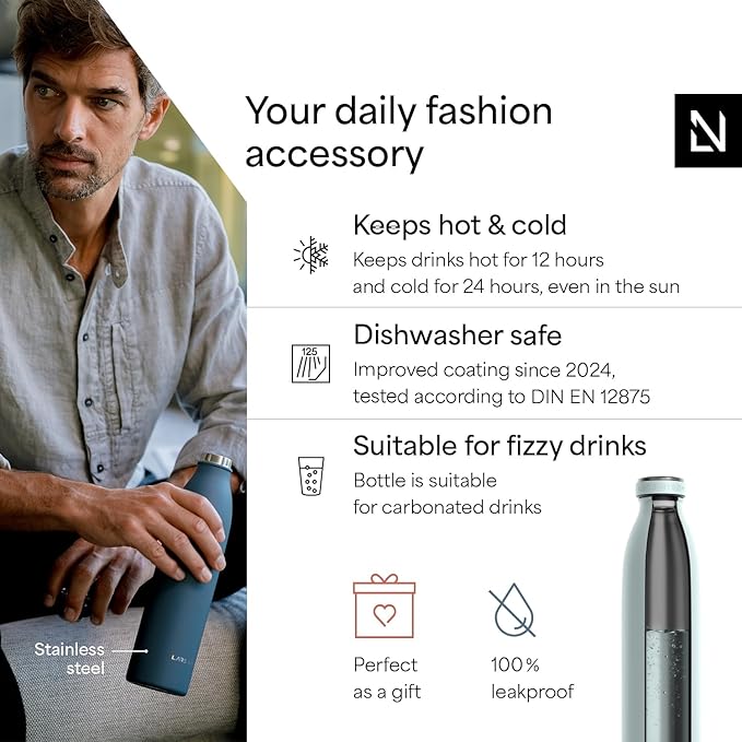 LARS NYSØM Stainless Steel Insulated Water Bottle 12oz 17oz 25oz 34oz 51oz | Insulated Thermo Flask for Hot and Cold Beverages | Leakproof Drinking Bottle (Misty Blue, 25.4oz)