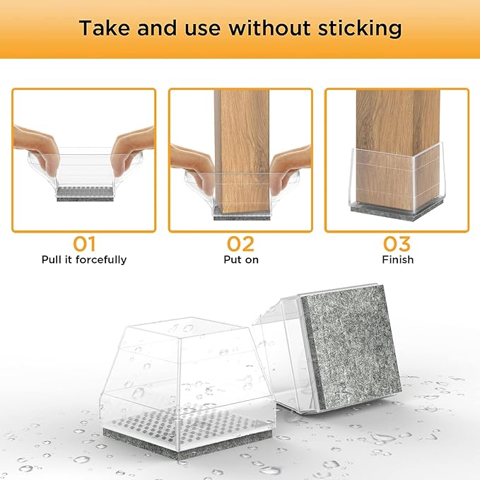 Square Chair Leg Protectors for Hardwood Floors,16 Pcs Silicone Felt Furniture Legs Caps to Prevent Floor from Scratches and Reduce Noise, Easy to Move, (Clear, Fit: 0.866-1.14").