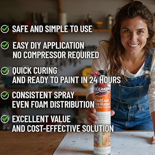 Kraken Bond Fastcoat Fire Rated Spray Foam Insulation Kit Closed Cell in a Can 20 sq ft (1x27.1 oz.) (R-Value 11.32 / 2in) - Spray Foam for Garage Door, Attic, Wall Gun & Cleaner Included, 1 Pack