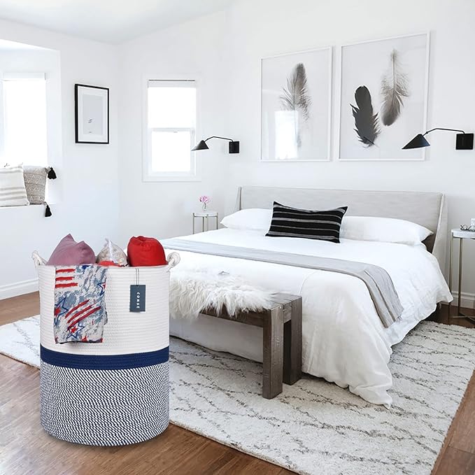 COMSE Extra Large Blanket Basket, Tall Woven Storage Basket, Nursery Hamper, 15.7”x 21.7”, Cotton Rope Laundry Hamper for Toys Clothes Towels, Blend White/Navy Blue