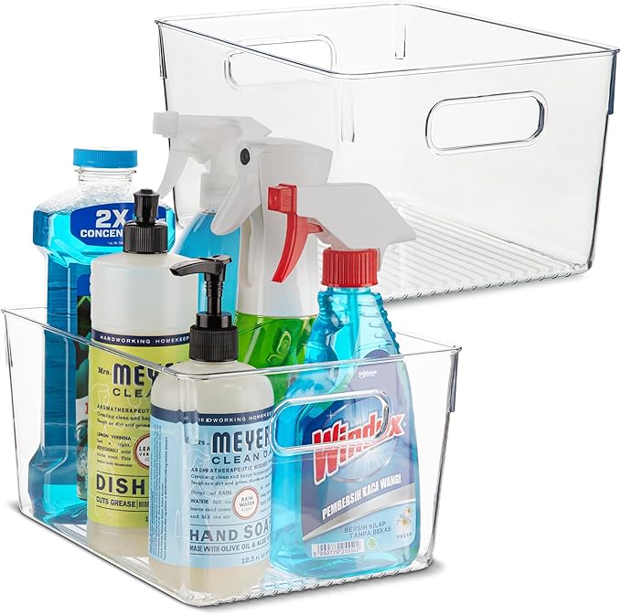Plastic Food Storage 2 Pack Clear Container Bin with Handles for Organizing Kitchen, Pantry, Refrigerator, Freezer, Pantry, Cabinet, Closet, Bathroom. 10”x7.5”x5.3”