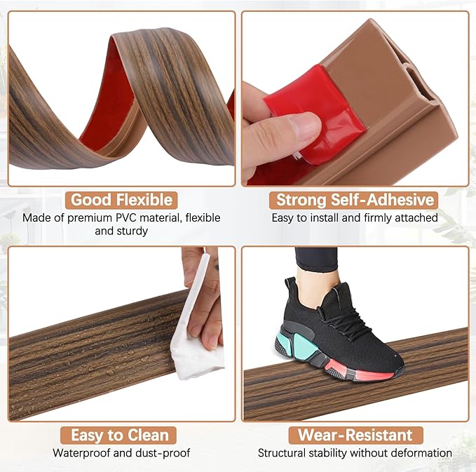 Vinyl Door Threshold Flooring Transition Strip Self Adhesive Carpet Edging Strip for Laminate Doorway Edge Threshold from 1/5" to 2/5" (Smoked Brown Wood Grain, 3.3 Ft)