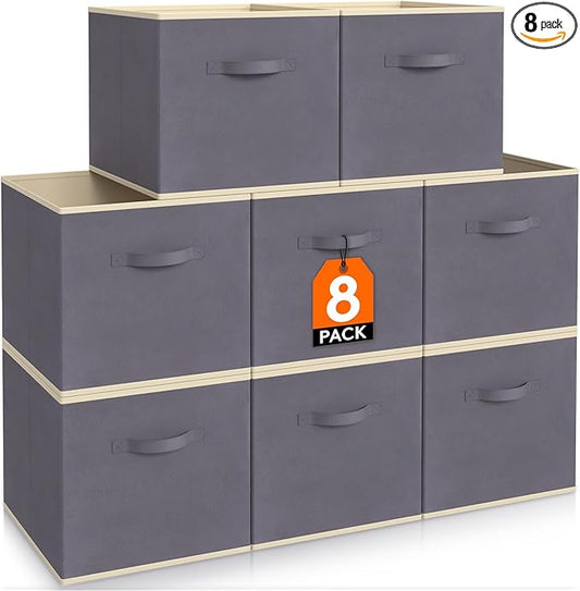 Lifewit 11 Inch Cube Storage Bins, Storage Cubes Foldable Medium Decorative Fabric Storage Baskets for Organizing Home Organizers with Handles for Shelves, Closet, Set of 8, Grey