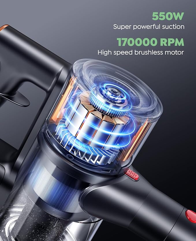 Cordless Vacuum Cleaner, 45Kpa 550W 60Mins Vacuum Cleaners for Home, Stick Vacuum Cordless Rechargeable, Wall Mount Charging, Self-Standing, Household Vacuum for Pet Hair/Carpet/Hardwood Floor(X9)