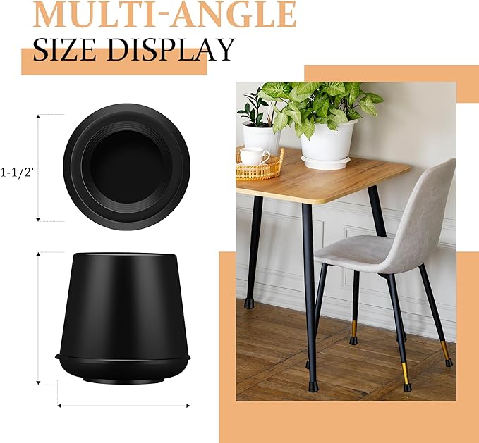 1-1/2” Round Rubber Chair Leg Tips Caps, Chair Leg Floor Protectors Furniture Legs Caps Non Slip Reduce Noise for Hardwood Floors (Black, 4 Pack, Fit :38-39mm)