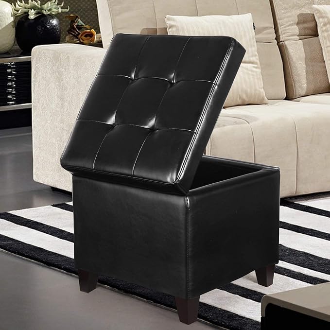 Adeco Storage Ottoman Foot Rest Stool, Leather Ottoman Footstool with Wood Legs and Hinged Lid, 18" Small Foot Stool Bench for Living Room, Bedroom, Black