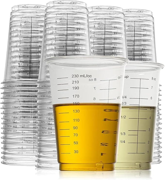 Prestee 50 Disposable Measuring Cups 8 oz - Plastic Paint Measuring Cups and Disposable Mixing Cups for Epoxy Resin - Versatile, Clear Measurement for Wet and Dry Ingredients for Baking and Crafting
