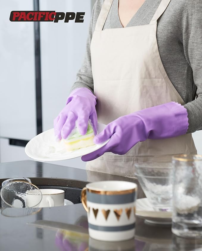PACIFIC PPE 4 Pairs Reusable Dishwashing Cleaning Gloves with Latex Free, Cotton Lining, Kitchen Gloves, Purple, Small
