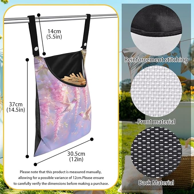 Clothespin Bag for Outdoor Laundry Clothesline and Clothes Pin Holder Clothespin Bag for Heavy Duty Outdoor Use - Hummingbird Flower