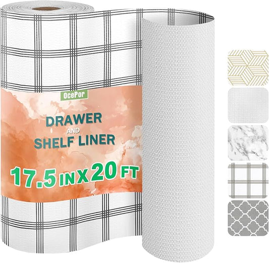 OcePor Non-Adhesive Drawer and Shelf Liner 17.5IN x 20FT，Non Slip Cabinet and Cupboard Liner, Kitchen Cabinet Liners for Shelves, Waterproof Drawer Shelf Liners for Cabinets/Bathroom Cupboard,Stripe