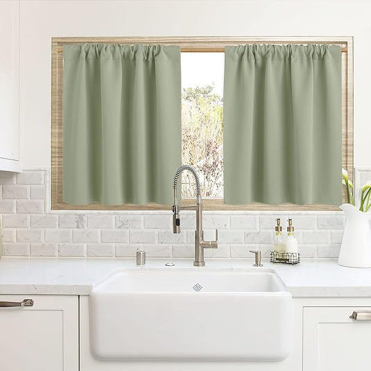 RYB HOME Blackout Curtains for Kitchen, Over Sink Privacy Curtains Window Decor, Thermal Insulating Drapes for Bathroom Cafe Bedroom Small Window, W 42 x L 24 inch, Sage Green, 2 Panels