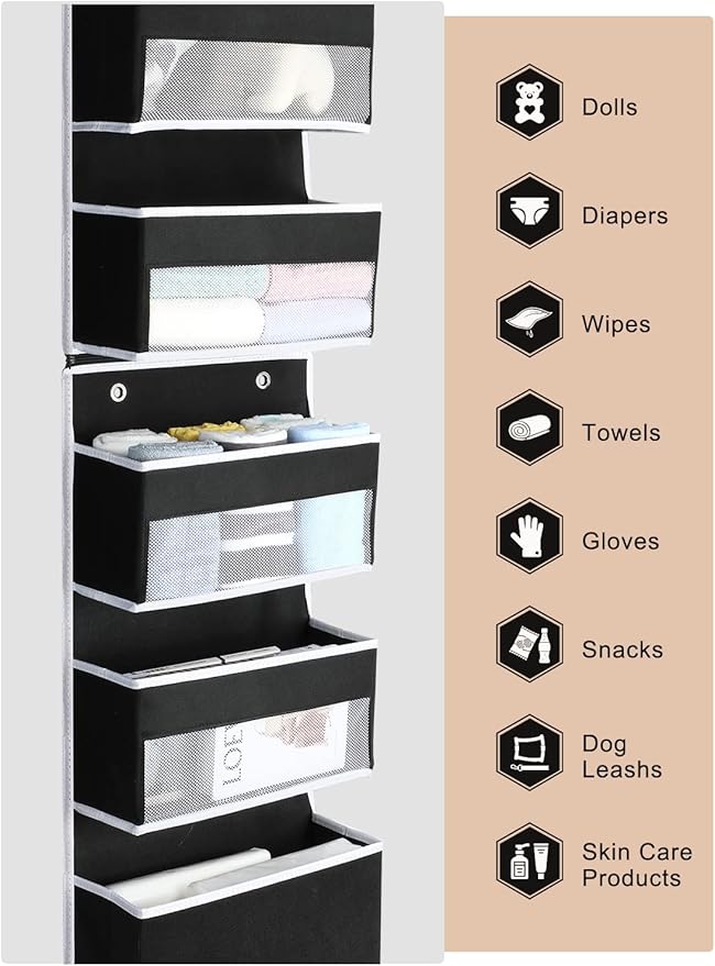 Yecaye 6-Tier Over The Door Storage Organizer, Flexible 1 Split into 2 Swing-Proof Hanging Bathroom Organizer, Bedroom Organizers and Storage for Newborn Baby Essentials, Black