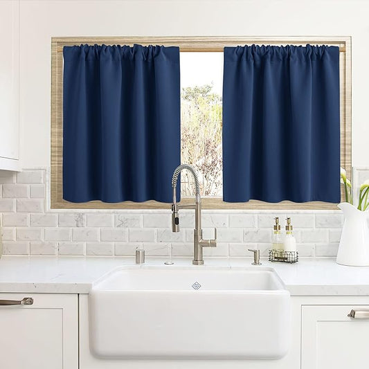 RYB HOME Blackout Curtains for Kitchen, Over Sink Privacy Curtains Window Decor, Thermal Insulating Drapes for Bathroom Cafe Bedroom Small Window, W 42 x L 24 inch, Navy Blue, 2 Panels