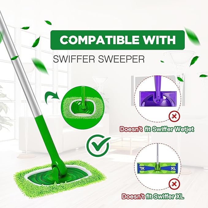 Reusable Microfiber Mop Pads Washable Wet Pads Compatible with Swiffer Sweeper Refills Pads for Wet & Dry Sweeping Cloths Mop Head Replacement for Household Cleaning (Green 6PCS)