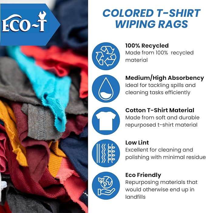 4 Lb Bag Eco-T Mechanic Shop Rags - Colored T-Shirt Material, 100% Recycled, Eco-Friendly, High Absorbency, Low Lint, Low-Cost, Industrial Use Wiping Cloth