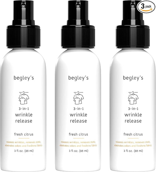 Begley's 3-in-1 Wrinkle Remover, Quick Fix Wrinkle Release, Static Cling Remover, Odor Eliminator and Fabric Refresher Spray - USDA Certified Biobased - Citrus, 3 oz Travel Size