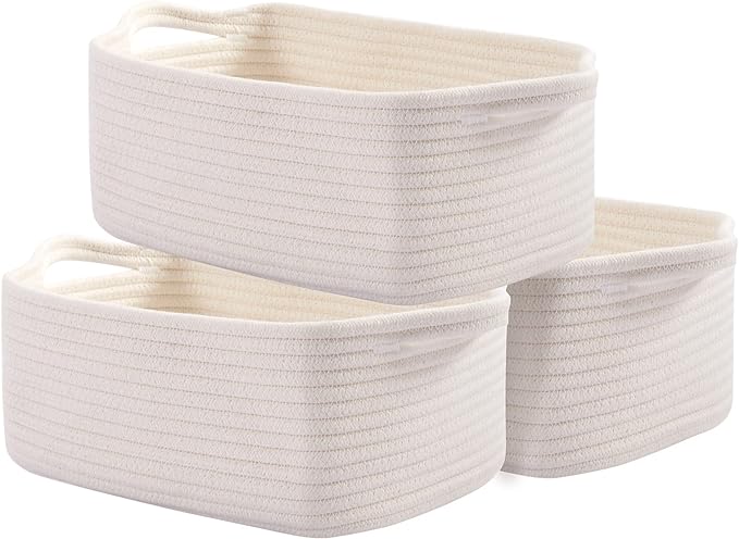 OIAHOMY Cotton Rope Storage Baskets | Decorative Storage Basket for Closet Storage, Home Organizing Bins and Nursery Decor | Cotton Rope Woven Baskets for Storage Shelf, Pure and White