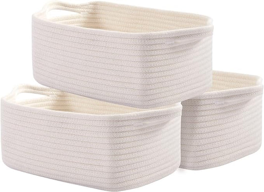 OIAHOMY Cotton Rope Storage Baskets | Decorative Storage Basket for Closet Storage, Home Organizing Bins and Nursery Decor | Cotton Rope Woven Baskets for Storage Shelf, Pure and White