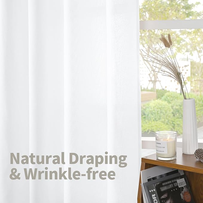 YoungsTex White Linen Semi Sheer Curtains 108 Inch Length 2 Panels, Light Filtering Window Drapes Extro Long for Living Room Bedroom, 40 X 108 Inch