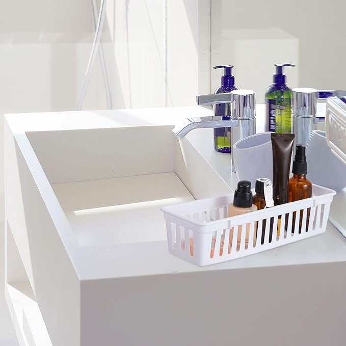 Domensi 24 Pcs Slim Plastic Storage Baskets Tray for Organizing 10.25 x 3.25 x 2.5 Inch Small Storage Bins Stackable Drawer Pencil Trays Holder for Desk Garage Office Containers(White)
