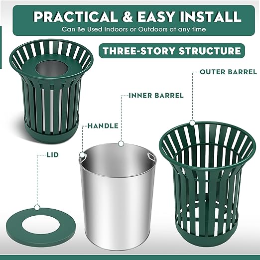 Round Heavy Duty Outdoor Trash Can, Large Metal Slatted Garbage Can for All Weather Resistant, Commercial Garbage Cans, Waste Receptacle in Park, Beach, Patio (Green, Large)