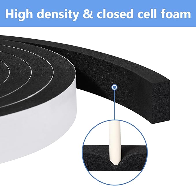 Weather Stripping Door Seal Strip- 1 Inch X 1/8 Inch X 26Feet, Strong Adhesive, Lightproof, Soundproof, Weatherproof Foam Tape Insulation for Sliding Door, Front Door Frame, Windows- Black