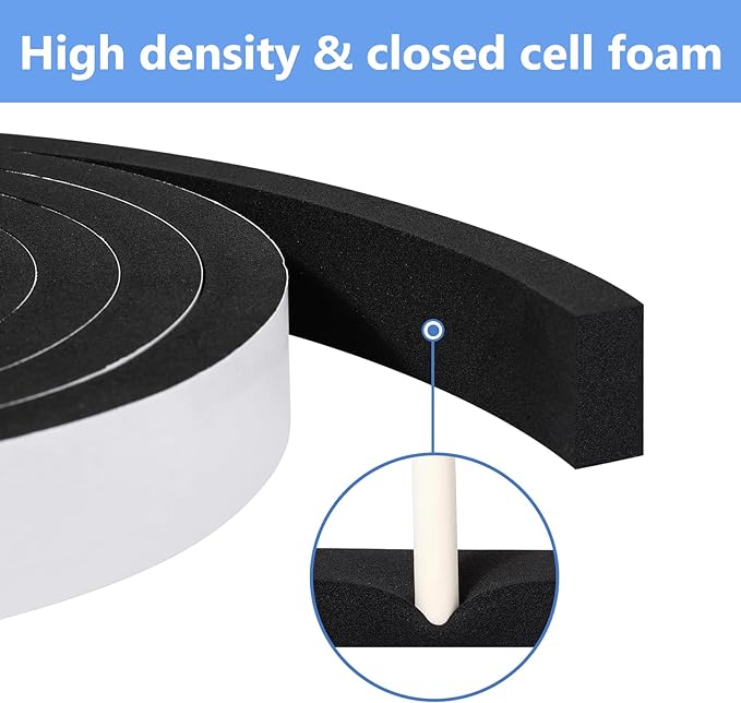 Weather Stripping Door Seal Strip- 1/4 Inch X 1/8 Inch X 26Feet, Strong Adhesive, Lightproof, Soundproof, Weatherproof Foam Tape Insulation for Sliding Door, Front Door Frame, Windows- Black