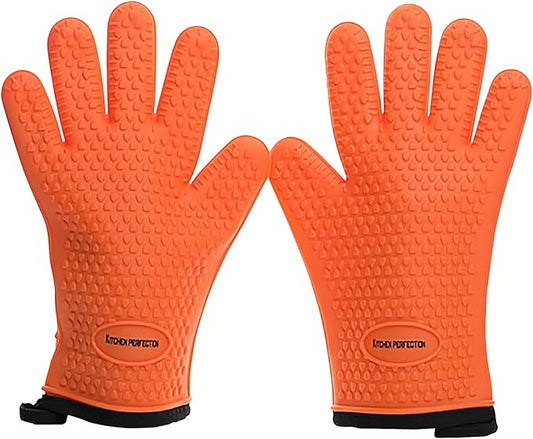 KITCHEN PERFECTION Silicone Smoker Oven Gloves For Women -Extreme Heat Resistant BBQ Gloves -Handle Hot Food Right on Your Smoker Grill Fryer|Waterproof Oven Mitts Grill Gloves |Superior Set+3 Bonuses
