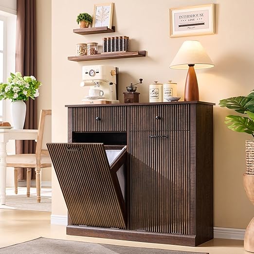 Modern Double Tilt-Out Trash Cabinet, 20 Gallon Fluted Laundry Hamper Cabinet with 2 Drawers, Wooden Hidden Garbage Can Cabinet w/Storage Basket,Free Standing for Kitchen & Living Room, Brown