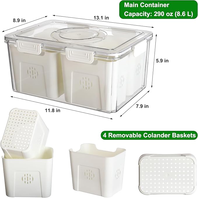 Taiuloo Airtight Fruit Storage Containers for Fridge with Lid & Handle, BPA-Free Snack Box Container with 4 Removable Colanders, Berry Vegetable Fresh Produce Saver, Clear Refrigerator Organizer Bins