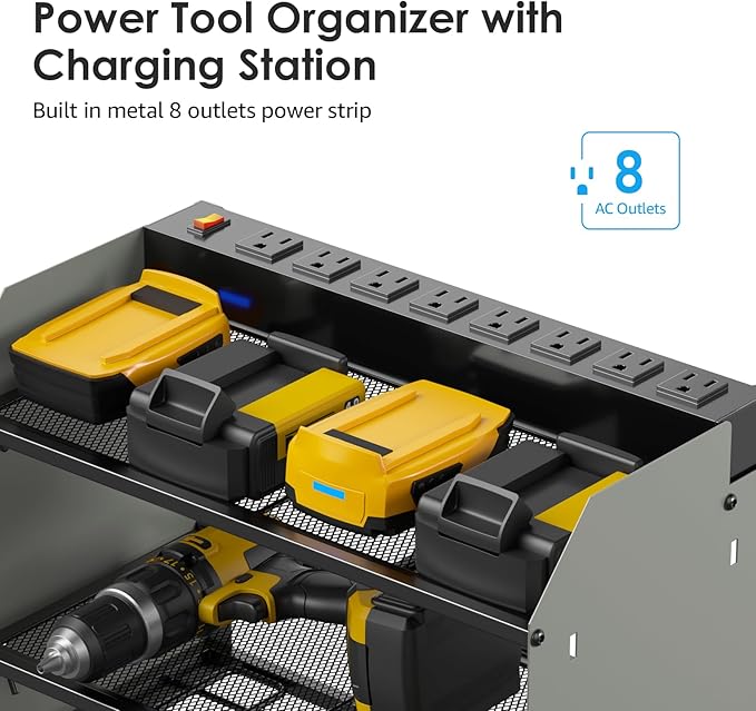 CCCEI Modular Power Tool Organizer Wall Mount with Charging Station. Garage 4 Drill Storage Shelf with Hooks, Drill Bit Heavy Duty Rack, Grey Tool Battery Holder Built in 8 Outlet Power Strip.