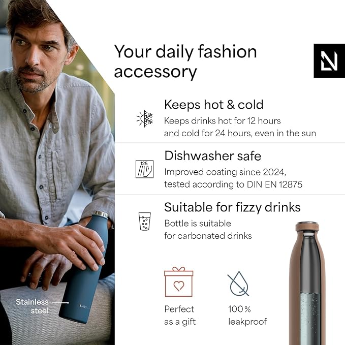 LARS NYSØM Stainless Steel Insulated Water Bottle 12oz 17oz 25oz 34oz 51oz | Insulated Thermo Flask for Hot and Cold Beverages | Leakproof Drinking Bottle (Mocha Brown, 17oz)