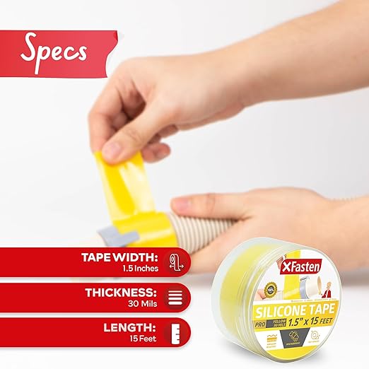 XFasten Self-fusing Silicone Tape Pro, Yellow, 1.5-Inch x 15-Feet, 30mils Non-Adhesive Thick Silicone Repair Tape for Leaky Pipe Drain, Tool Grip, Electrical Wires, PVC Pipe Leak, and Water Sealing