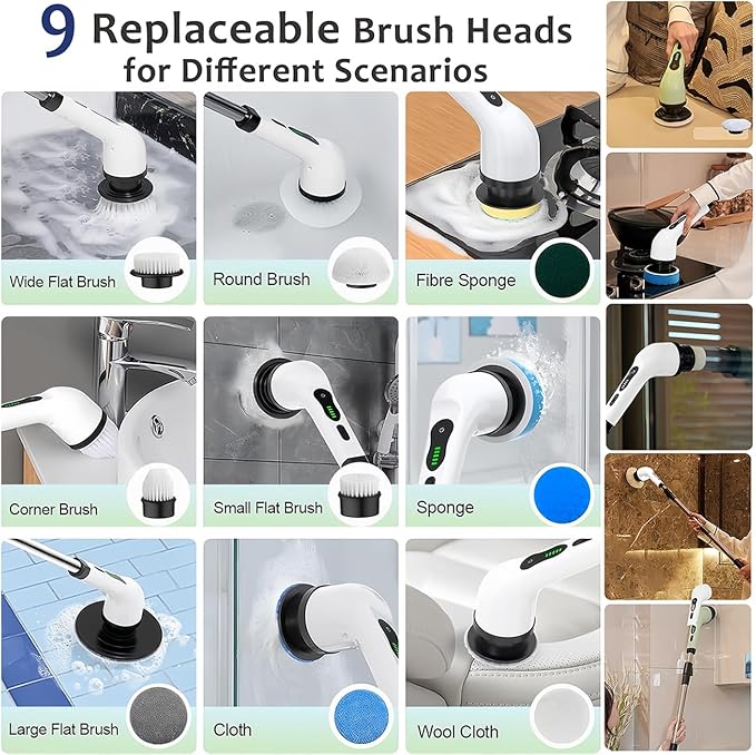 Electric Spin Scrubber, Cordless Cleaning Brush with 9 Attachment Shower and Grout Cleaner, Adjustable Extension Handle, IPX7 Waterproof for Tile Floor Tub Car (White)