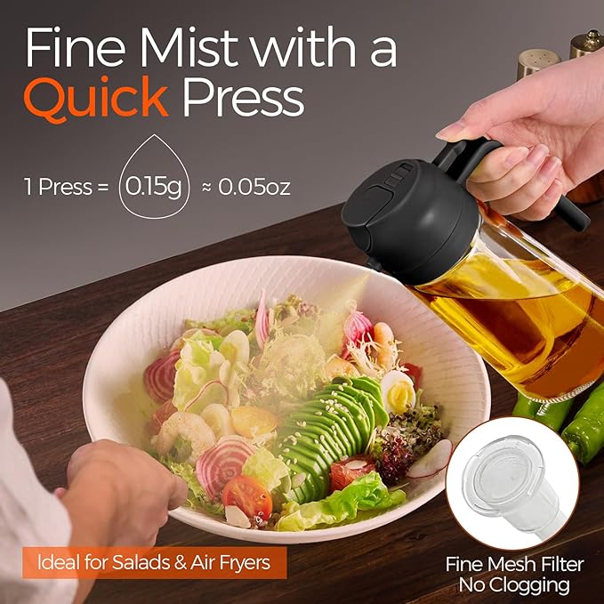 YARRAMATE 2Pcs 16oz/470ml Olive Oil Dispenser, Food-grade 2 in 1 Oil Glass Sprayer for Cooking, Kitchen, Air Fryer, Salad, Frying, BBQ (Black)