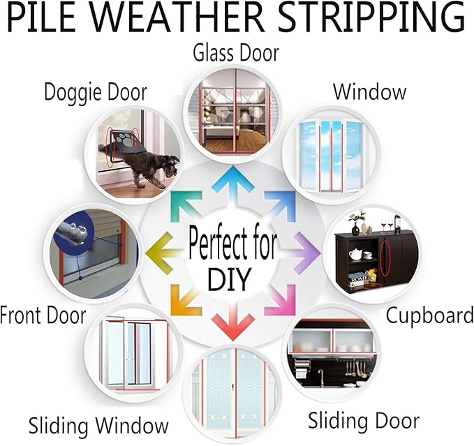 Felt Weather Stripping Door Seal Brush for Sliding Windows, Pile Self Adhesive Weatherstrip Sealer Draft Stoppers (16.5ft x11/32 x 3/16 Brush inch, Black)