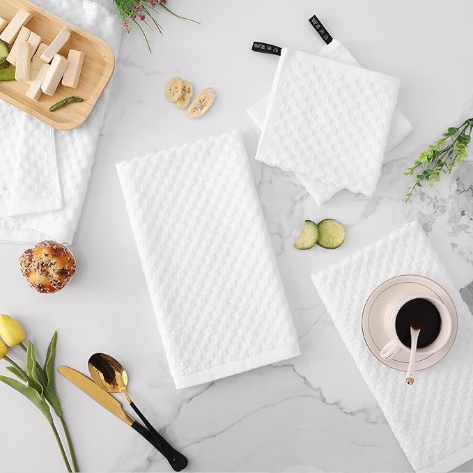 Fintale 100% Cotton Kitchen Towels and Dishcloths Set, 12 x 12 & 15 x 25 Inches, Set of 10 Bulk Super Soft and Absorbent Terry Cloth Dish Towels, Quick Drying Hand Towels with Hanging Loop, White