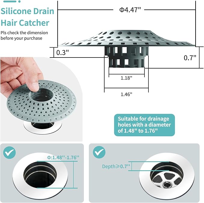 Shower Hair Drain Catcher, Silicone Bathtub Drain Hair Catcher Strainer, All-in-one Tub Hair Catcher Drain Protector for 1.48'' to 1.76'' Regular Drains, 3PCS/Greyish Blue