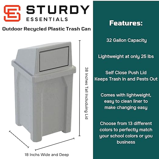 32 Gallon Square 100% Recycled Plastic Heavy Duty Outdoor Trash Can with Push Lid - Great for Schools and Businesses - Light Granite