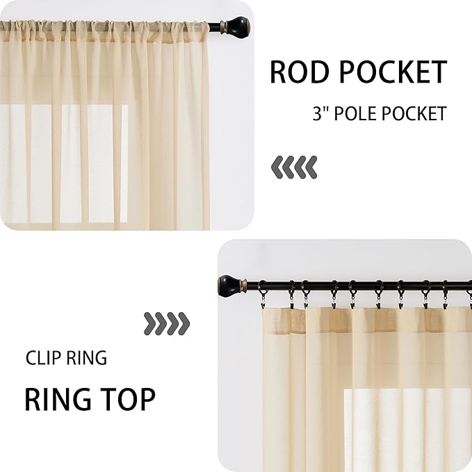 Tollpiz Short Sheer Door Curtains Closet Linen Textured Curtains Sheer Doorway Light Filtering Voile Patio Glass Door Rod Pocket Curtain French Door, 54 x 40 inches Long, Beige, Set of 1 Panel