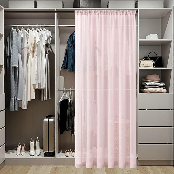Tollpiz Short Sheer Door Curtains Closet Linen Textured Curtains Sheer Doorway Light Filtering Voile Patio Glass Door Rod Pocket Curtain French Door, 54 x 40 inches Long, Pink, Set of 1 Panel