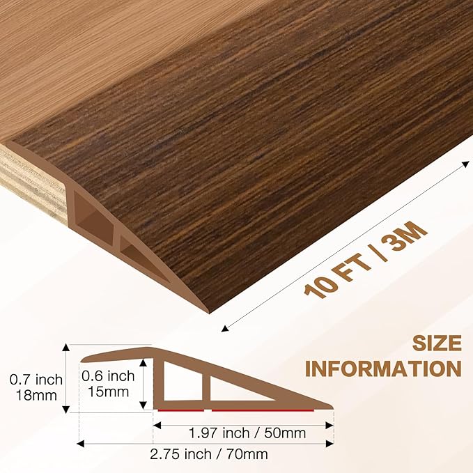 Floor Transition Strip Vinyl Door Threshold Ramp Self Adhesive Carpet Edging Strip Doorway Edge Trim, Overlap Edge Reducer for Laminate Carpet, Floor, Tile (Brown Wood Grain, 2/5" to 3/5", 10Ft)