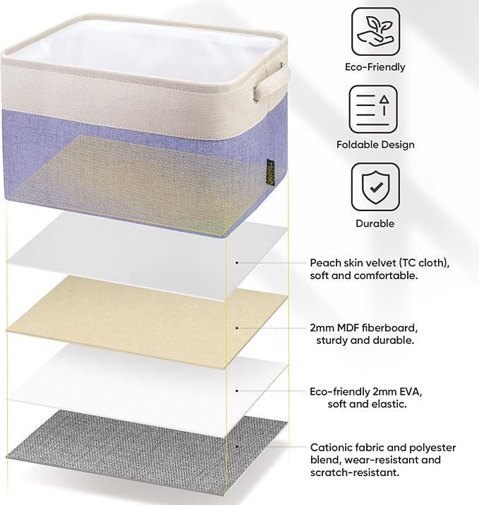 BALEINE 2 Pack Fabric Storage Bins for Shelves, Linen Storage Baskets for Organizing, Decorative Closet Bins for Clothes, Home (Lavender, 12"x8"x8")